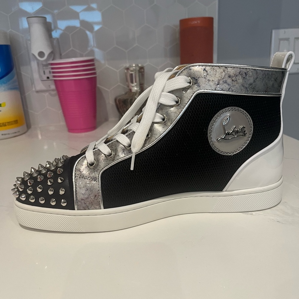 Black and white brand new Christian louboutins mens spiked sneaker